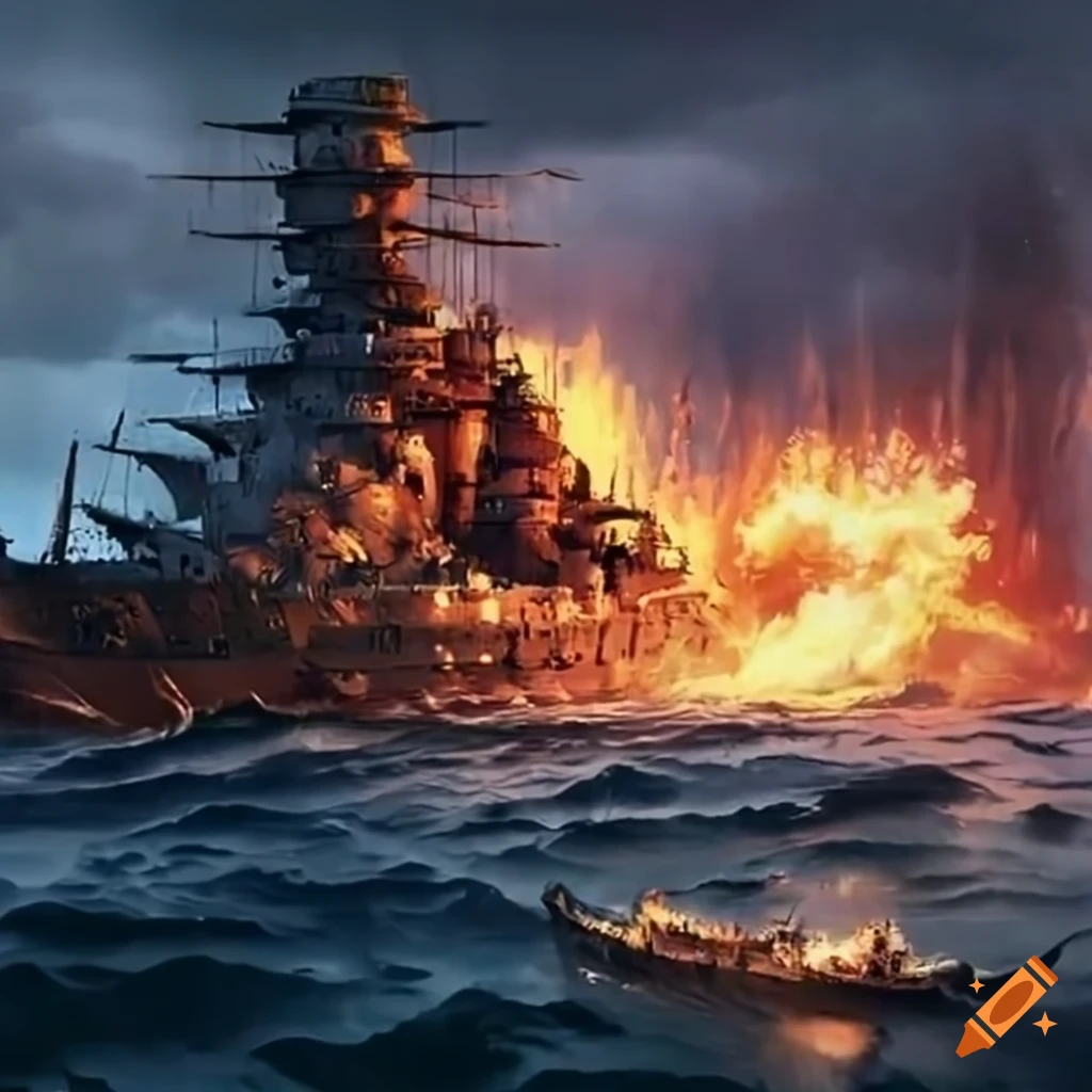 artwork of a damaged battleship during intense battle