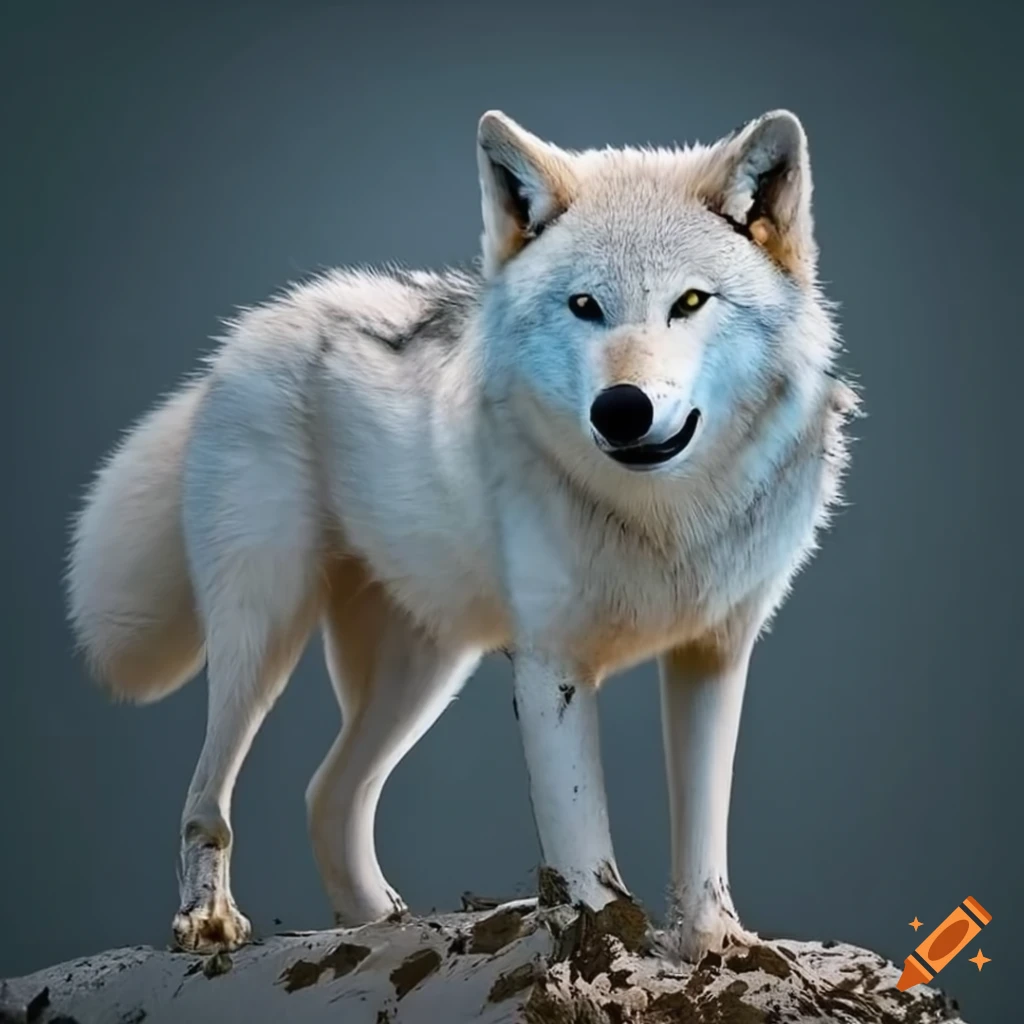 realistic photo of a muddy white wolf