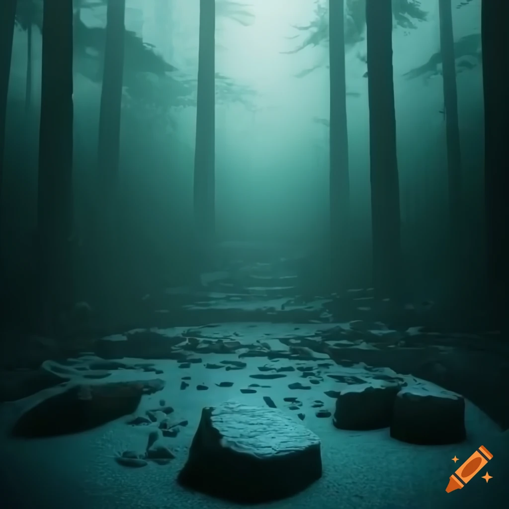 realistic stone maze in a mystical forest