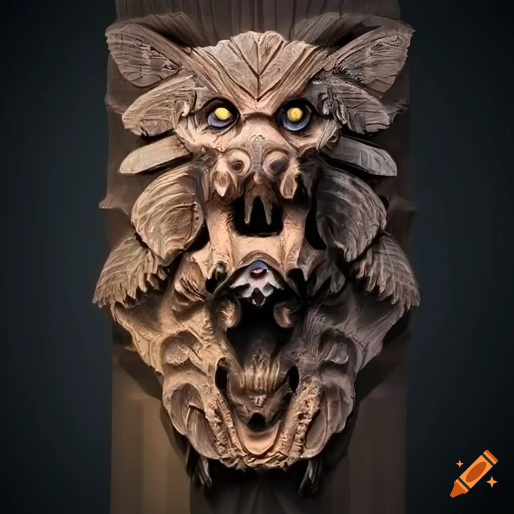 detailed carving of a moth werewolf motif