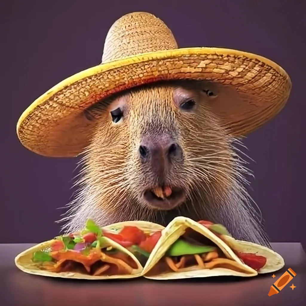 Capybara Wearing A Sombrero Eating Tacos