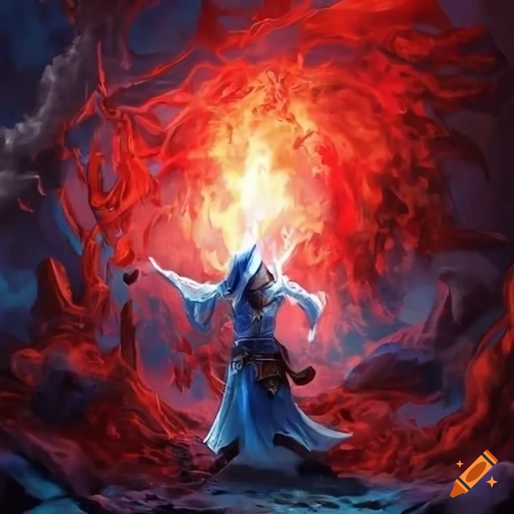 white and blue mage creating a fiery explosion