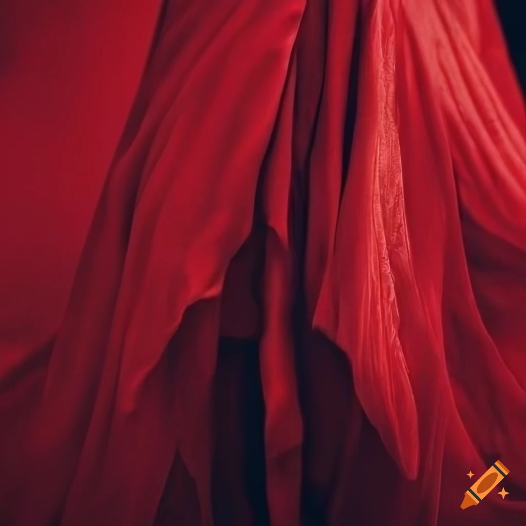 surreal image of body wrapped in red fabric with multiple hands