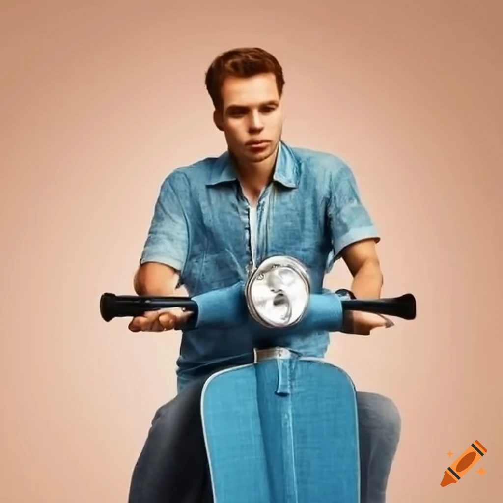 man riding a scooter in a blue jean shirt