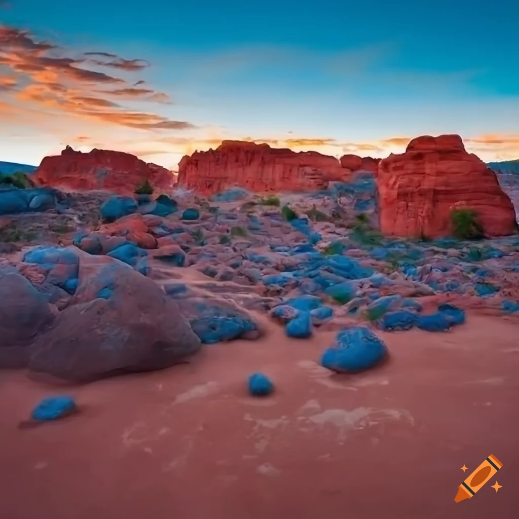 vibrant dirt landscape with blue and red rocks
