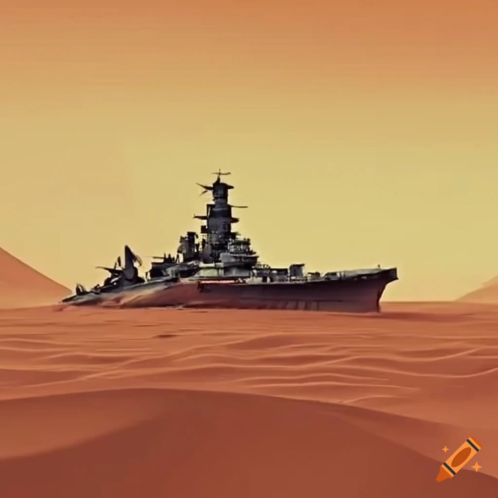 surreal image of a battleship stranded in the desert