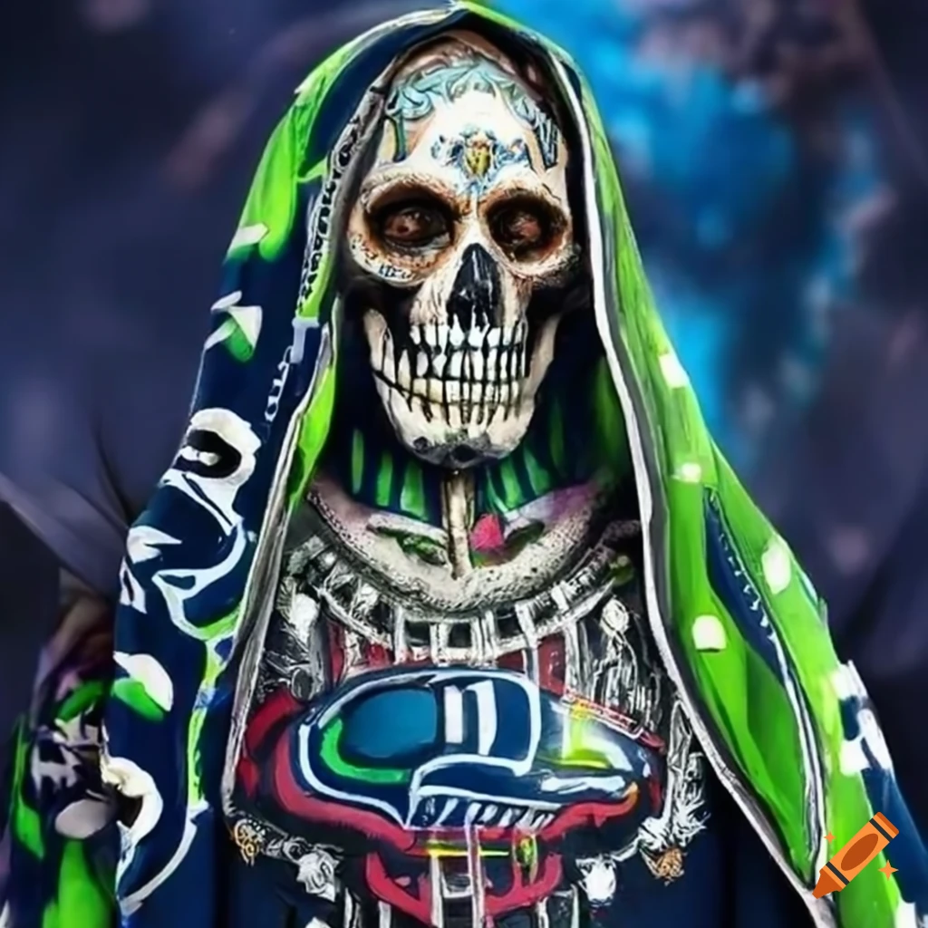 Seattle Seahawks logo with Santa Muerte design
