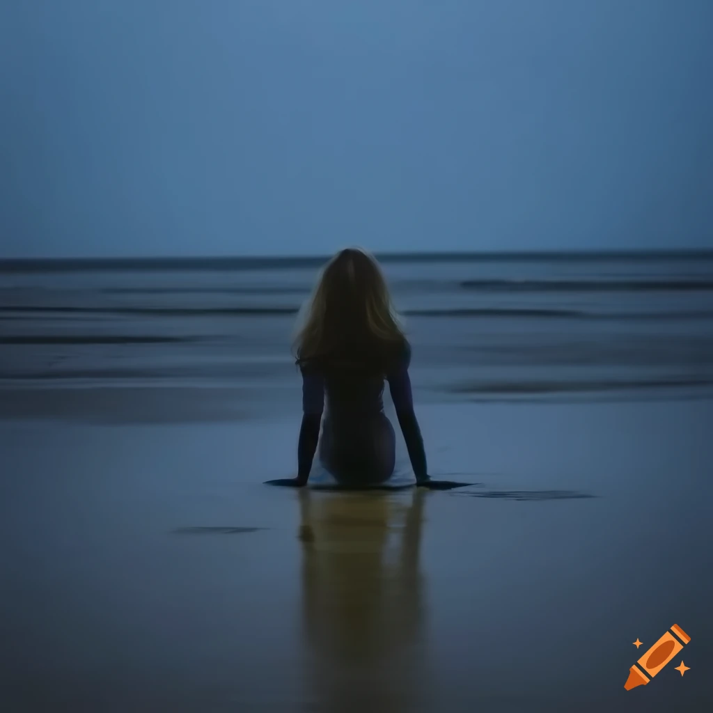 photograph of a blonde woman crawling in the tide at dusk
