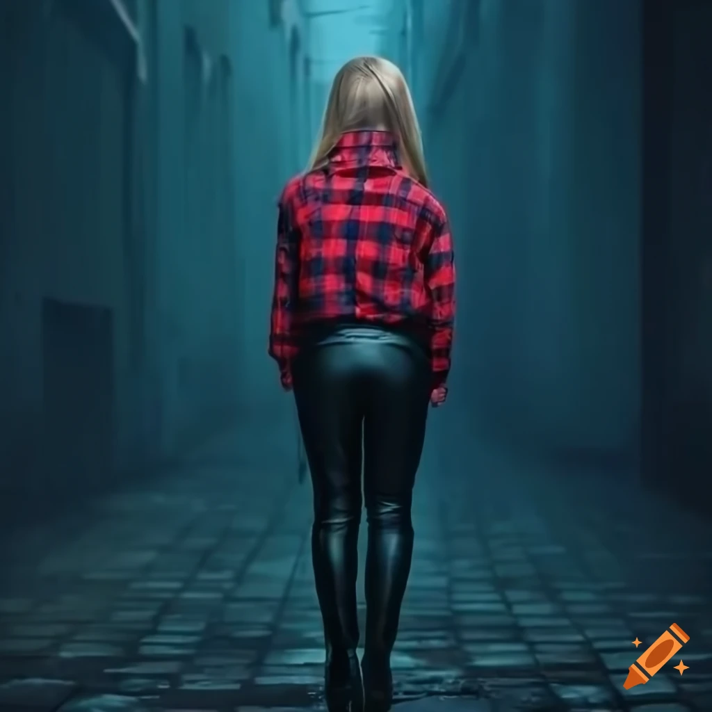 Portrait Of A Stunning Blonde Woman In Red Plaid Shirt And Black Leather Trousers 0118