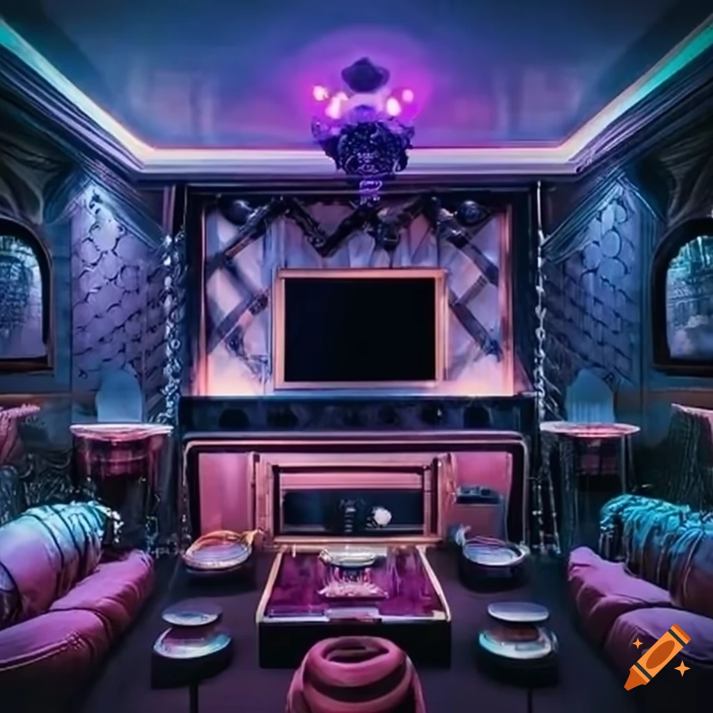 Gatsby themed karaoke room with a tv on Craiyon