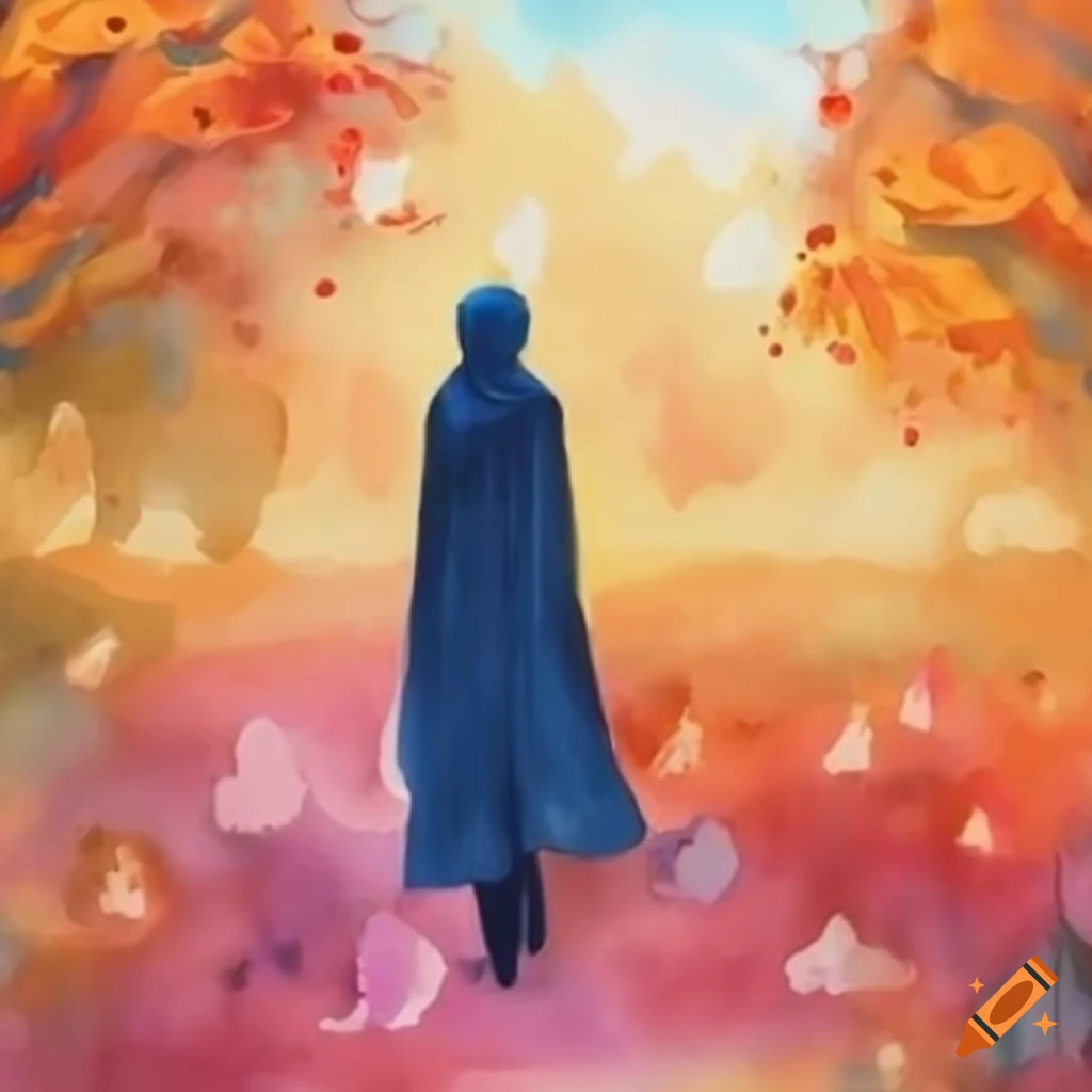 watercolor of a girl walking in autumn wearing a hijab