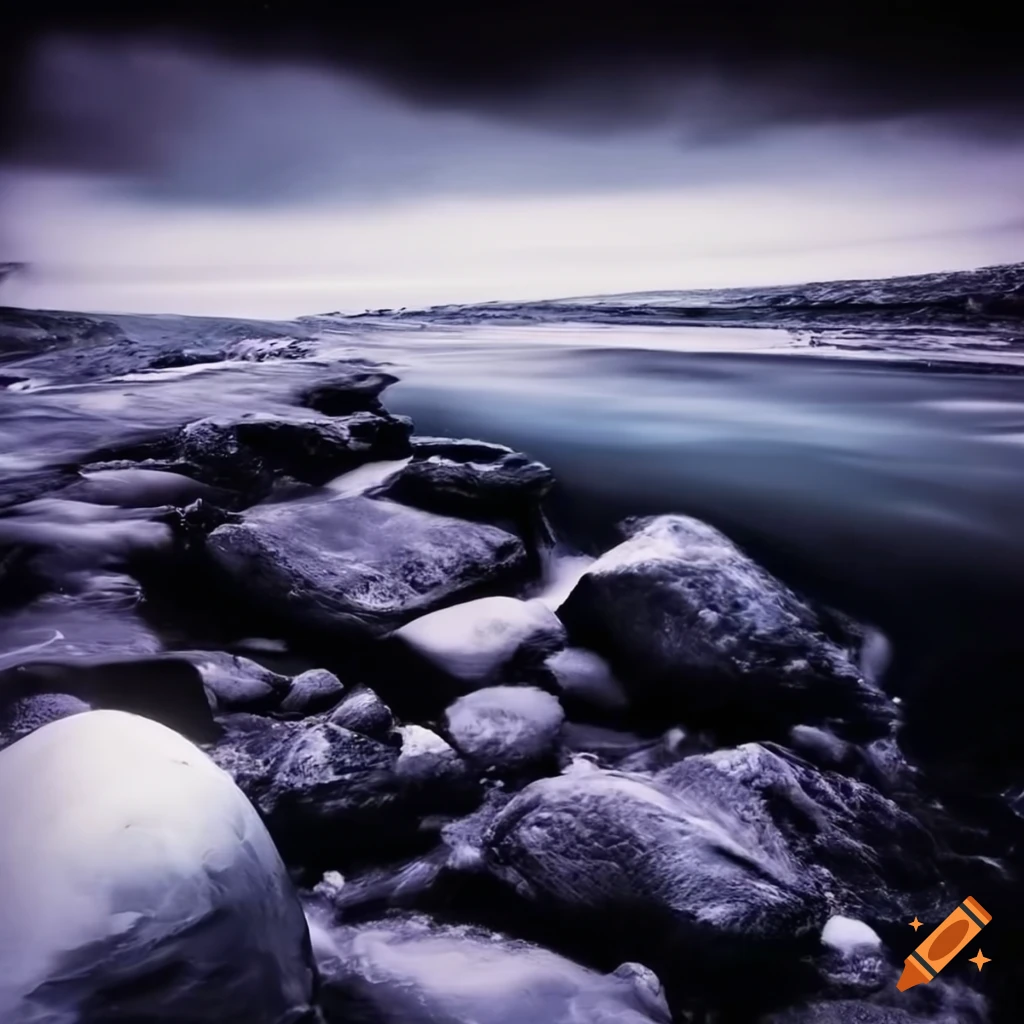 vintage landscape with dark rivers and icy rocks
