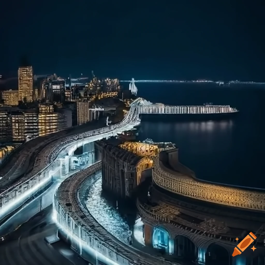 Aerial view of a coastal city with art nouveau architecture on Craiyon