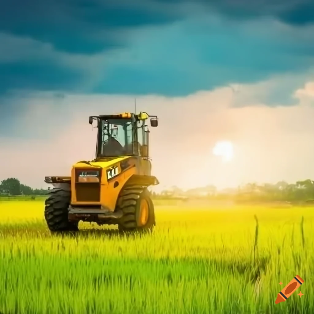 sunny day in a rice field with a SLDG loader and solar panel farm