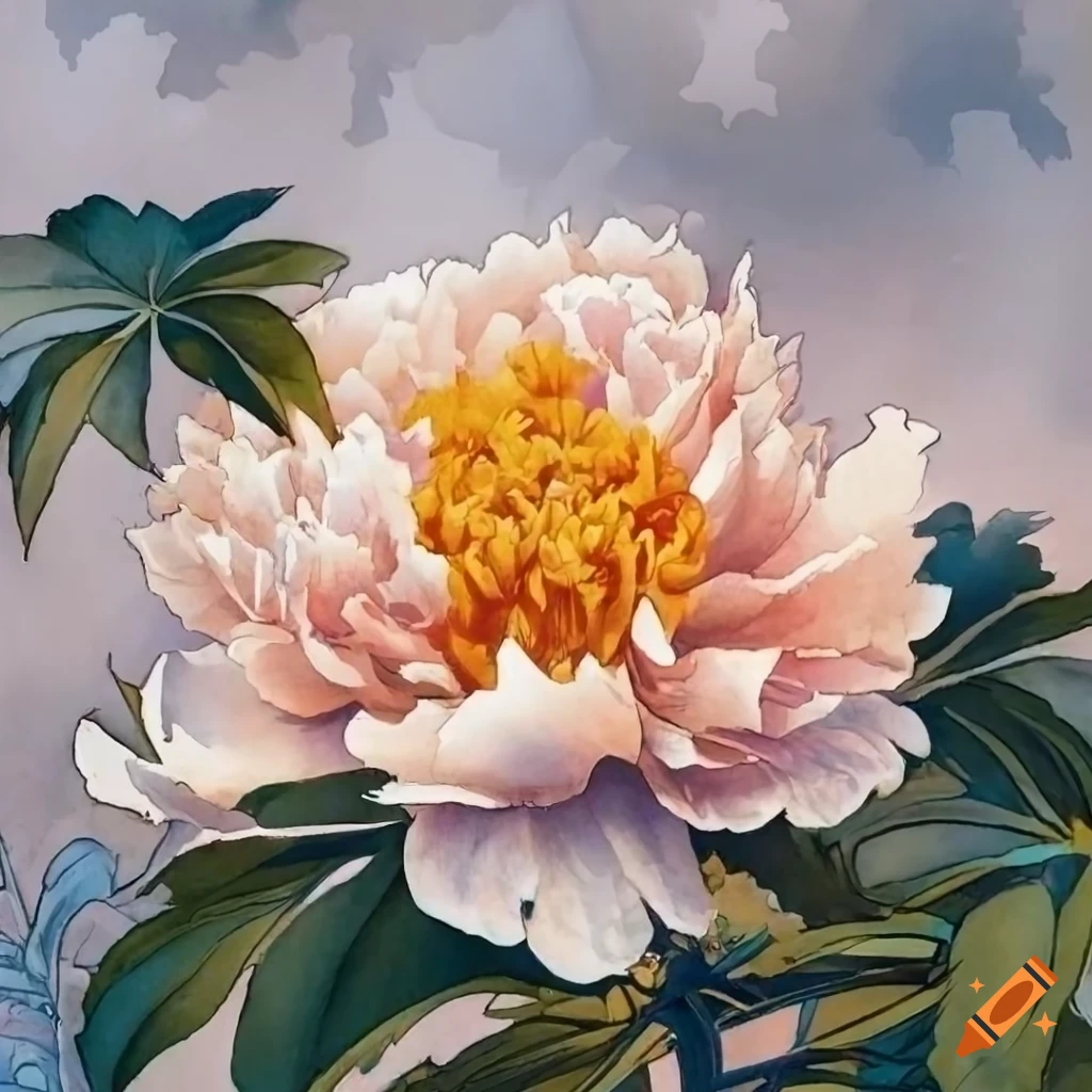 detailed watercolor painting of a peony on white background