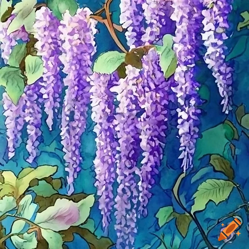 Sharpedged watercolor of trailing wisteria blossom