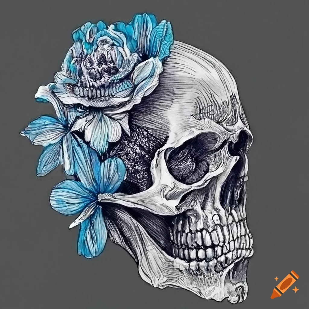 Ink art of a skull with blue flowers on Craiyon