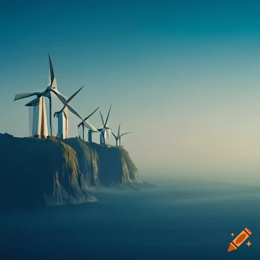 modern windmills on a foggy cliffside
