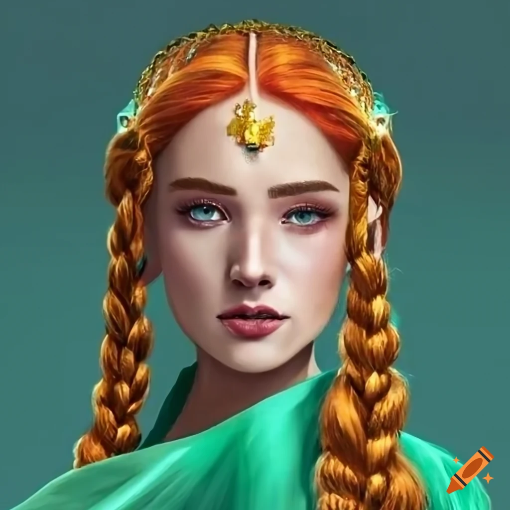 fashion portrait of a woman with long red-gold hair and a crown