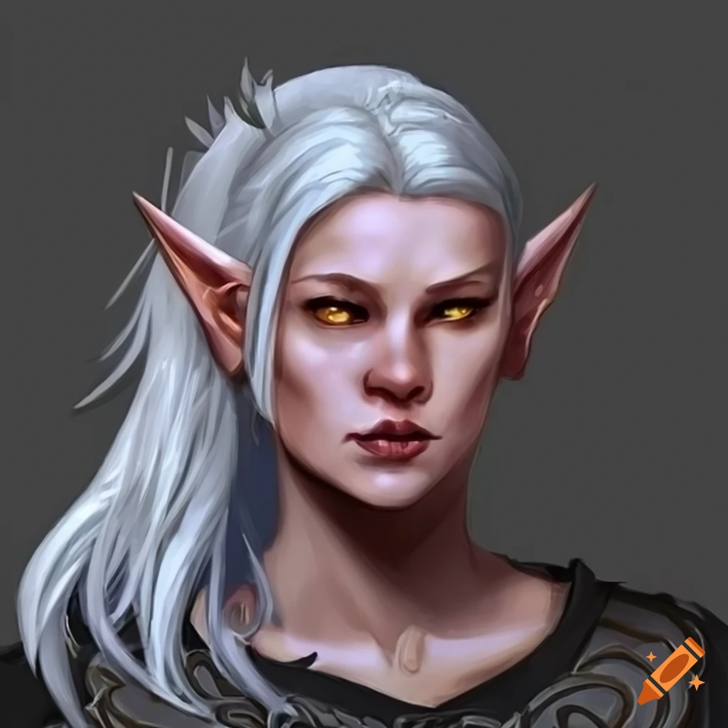 Image of a female aasimar with white hair and golden eyes