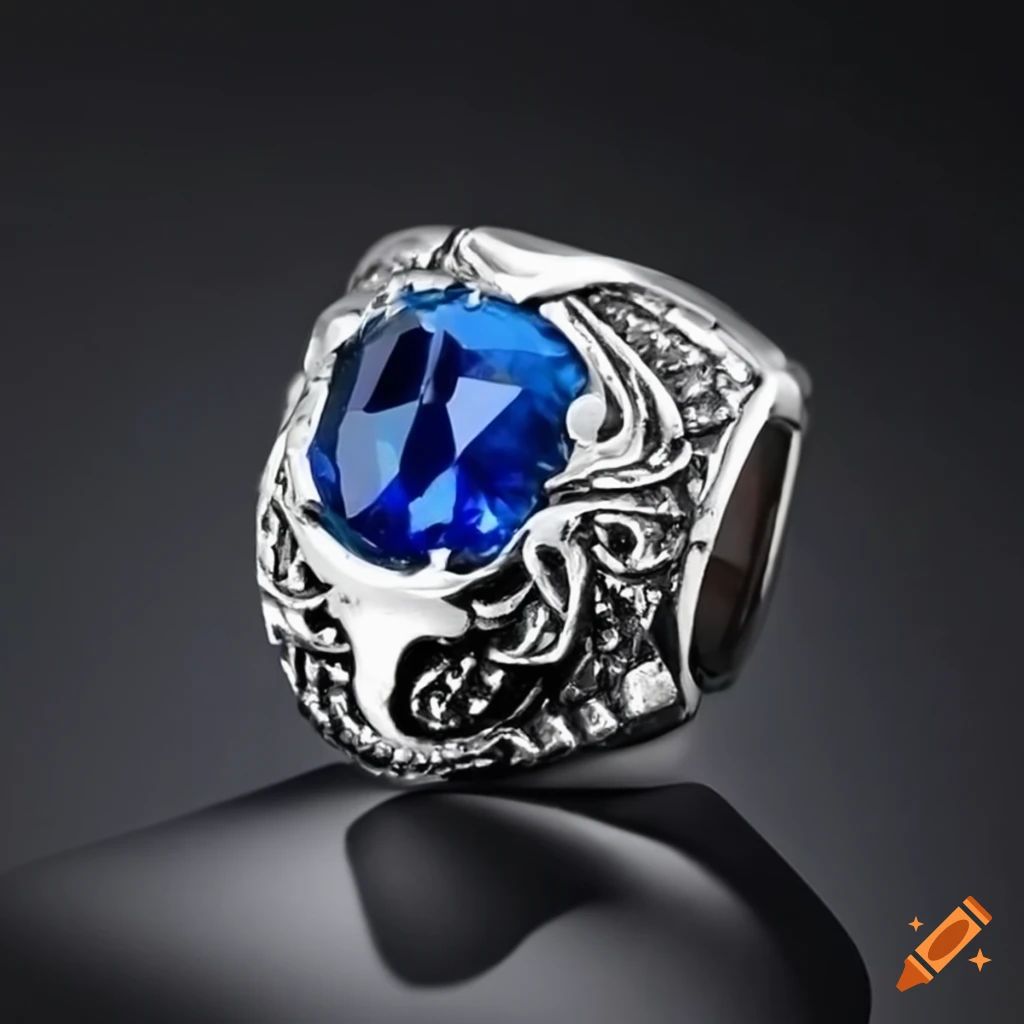 Men's ring with blue square gem stone and dragon pattern