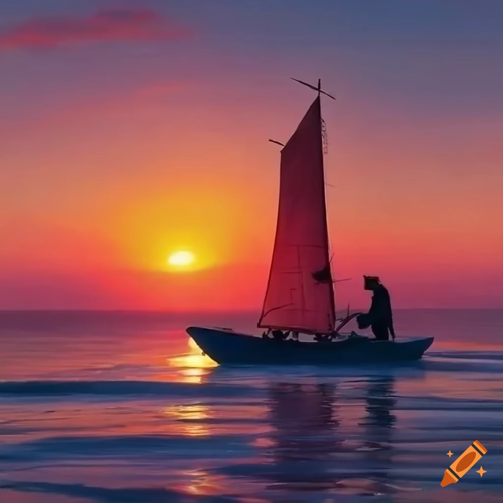 Artistic depiction of a man sailing towards a vibrant sunset on Craiyon