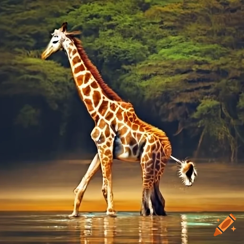Giraffe drinking water at watering hole