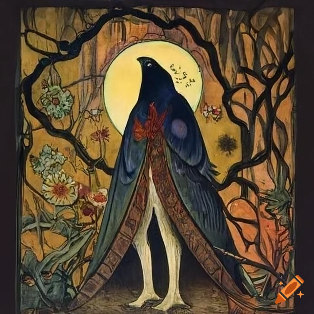 colorful woodcut painting of a raven in a wizard's cloak in a moonlit forest