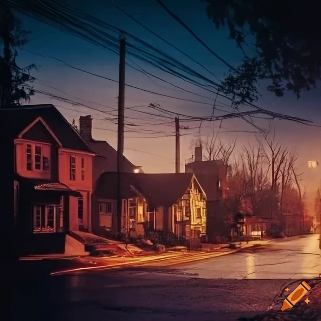 rainy night in a wealthy suburban neighborhood in the 1970s