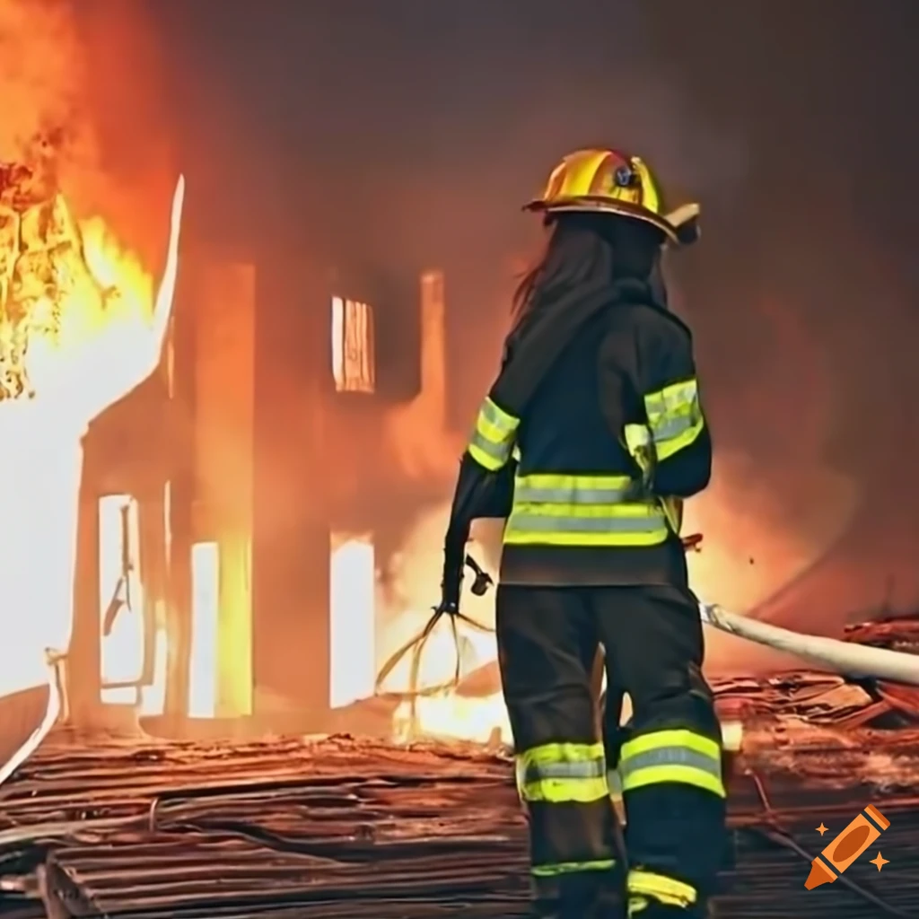 image of a firefighter woman combating a fire