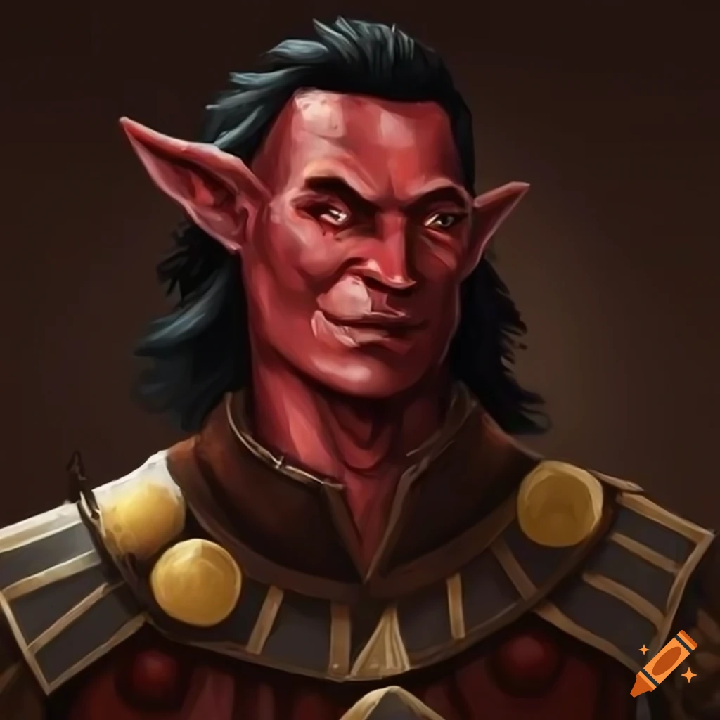 Portrait of a male hobgoblin artificer in red armor on Craiyon