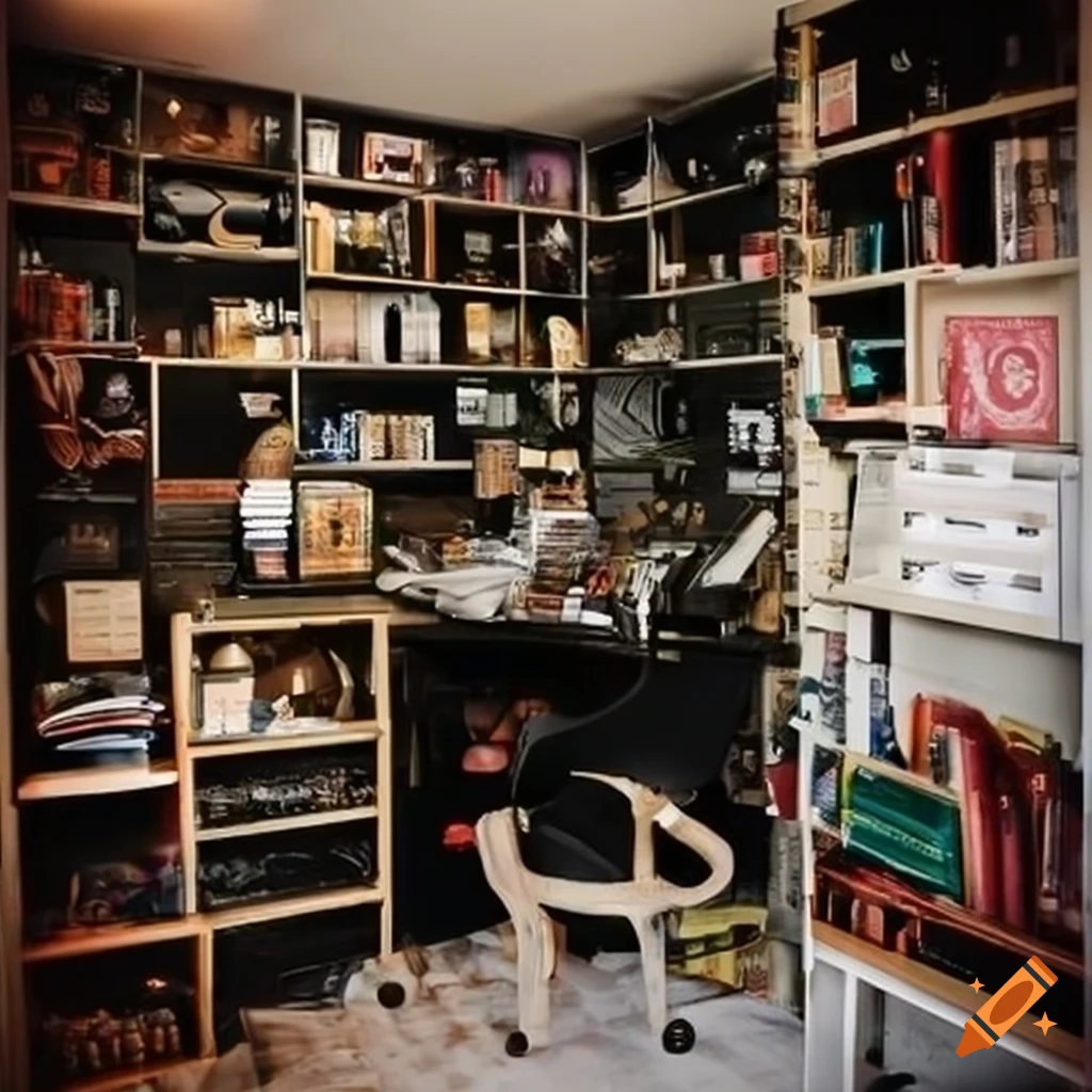 Geeky knick knacks in a home office on Craiyon