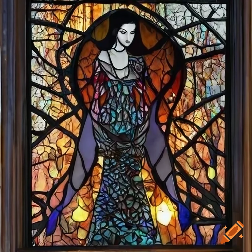 stained glass artwork of a woman with a raven and fireflies