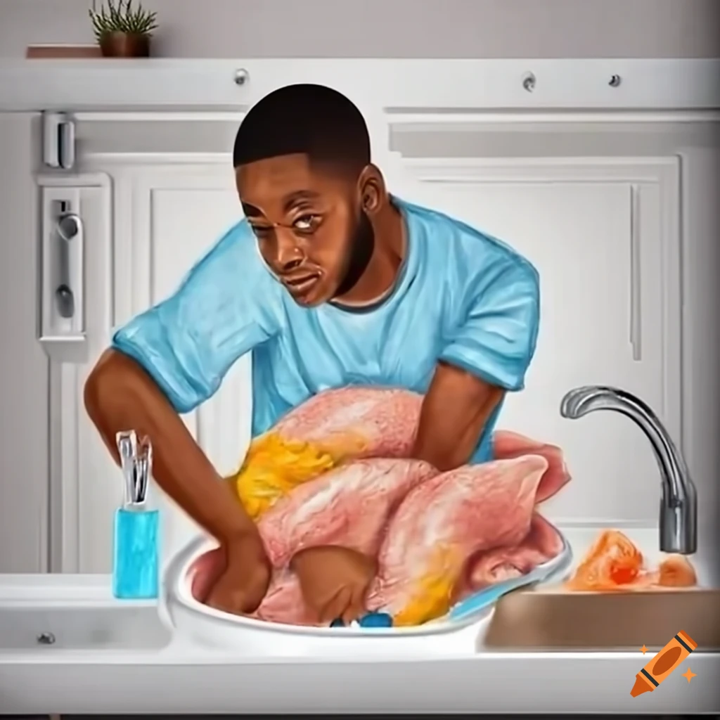 man washing chicken breast in the sink with dish soap