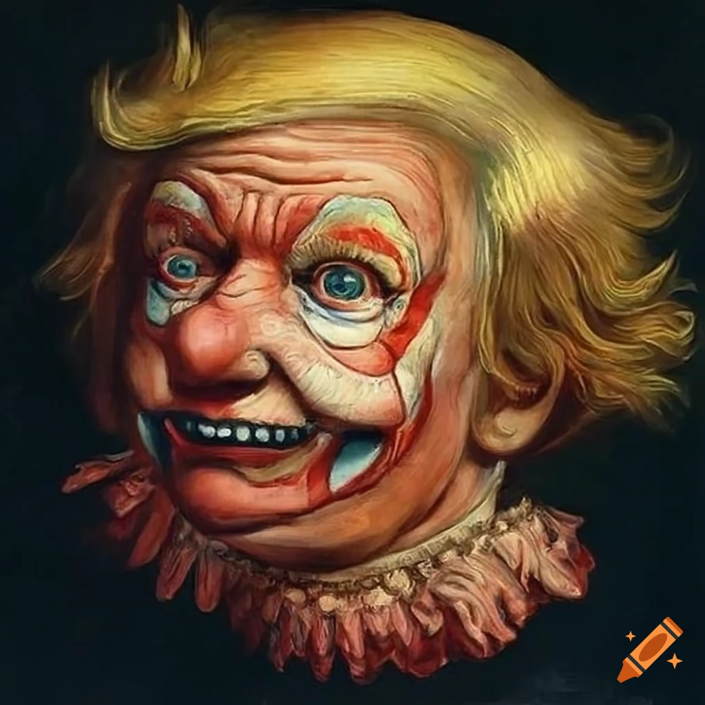satirical painting of a clown-like depiction of Trump