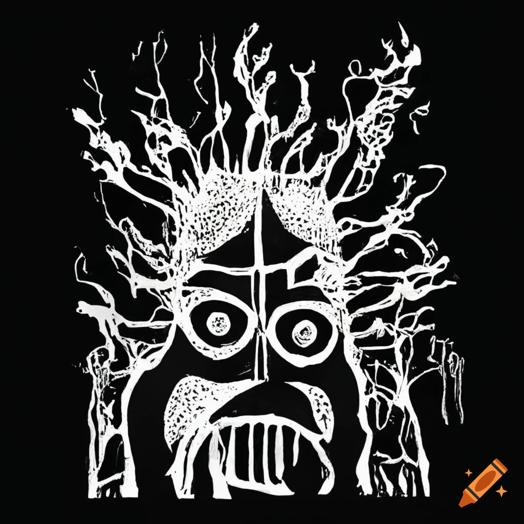 black and white stencil art of a creature holding a barn house