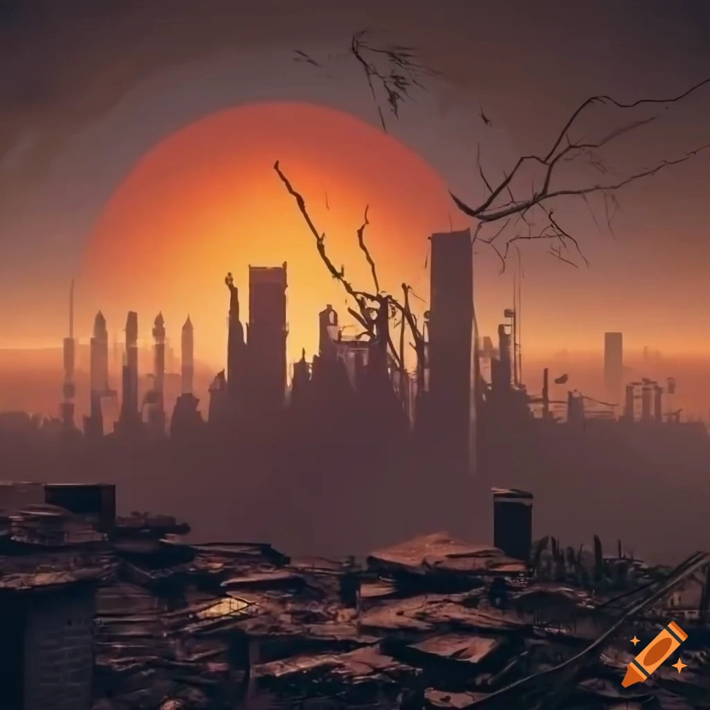 Post-apocalyptic city with vegetation and sunset