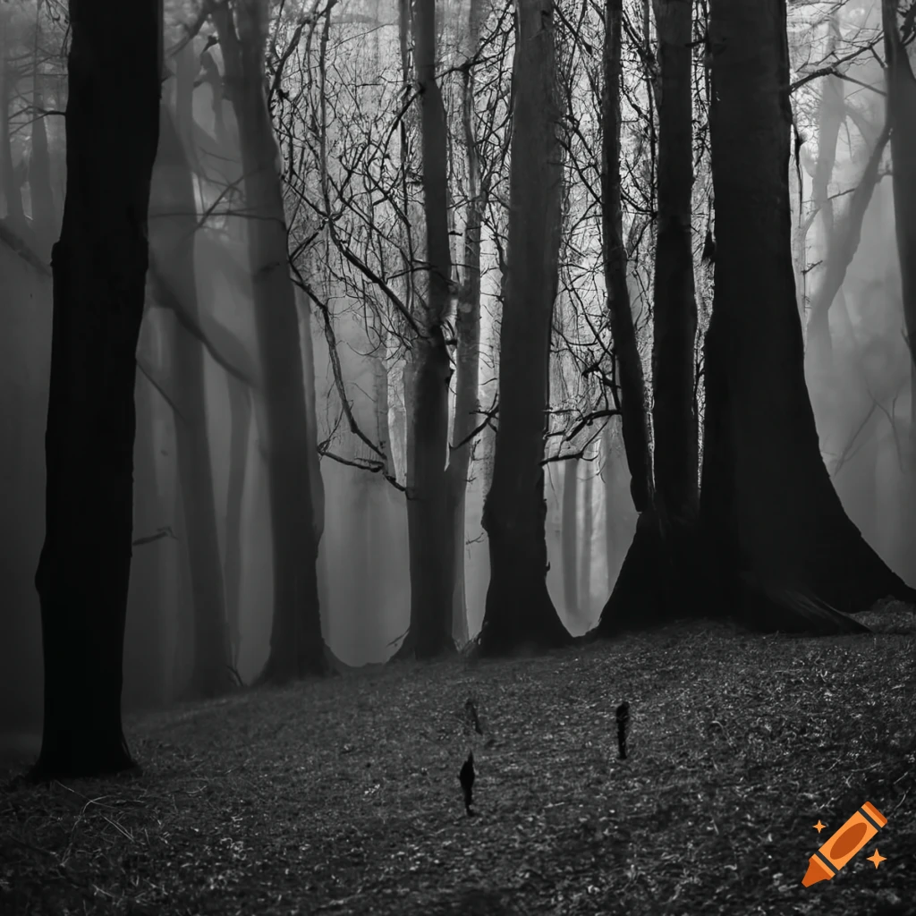 haunting black and white photo of a shadow monster in a spooky forest