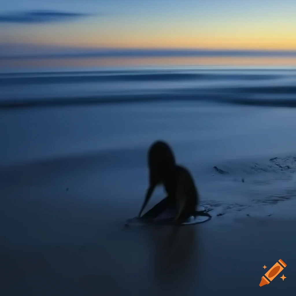 photograph of a blonde woman crawling in the tide at dusk