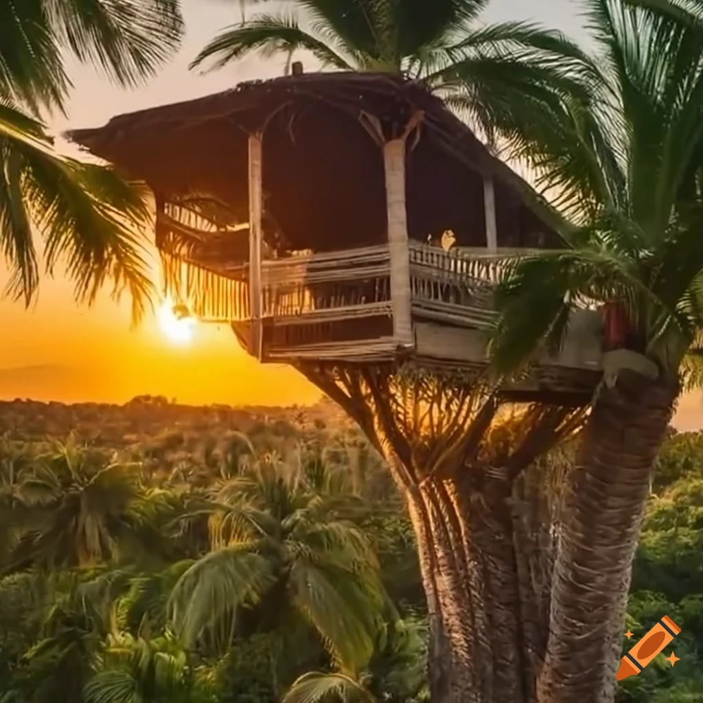 Golden hour view of a palm tree treehouse on Craiyon