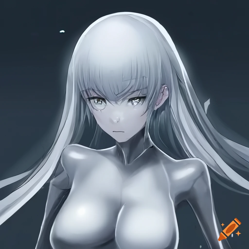 slime girl with silver hair and metallic features