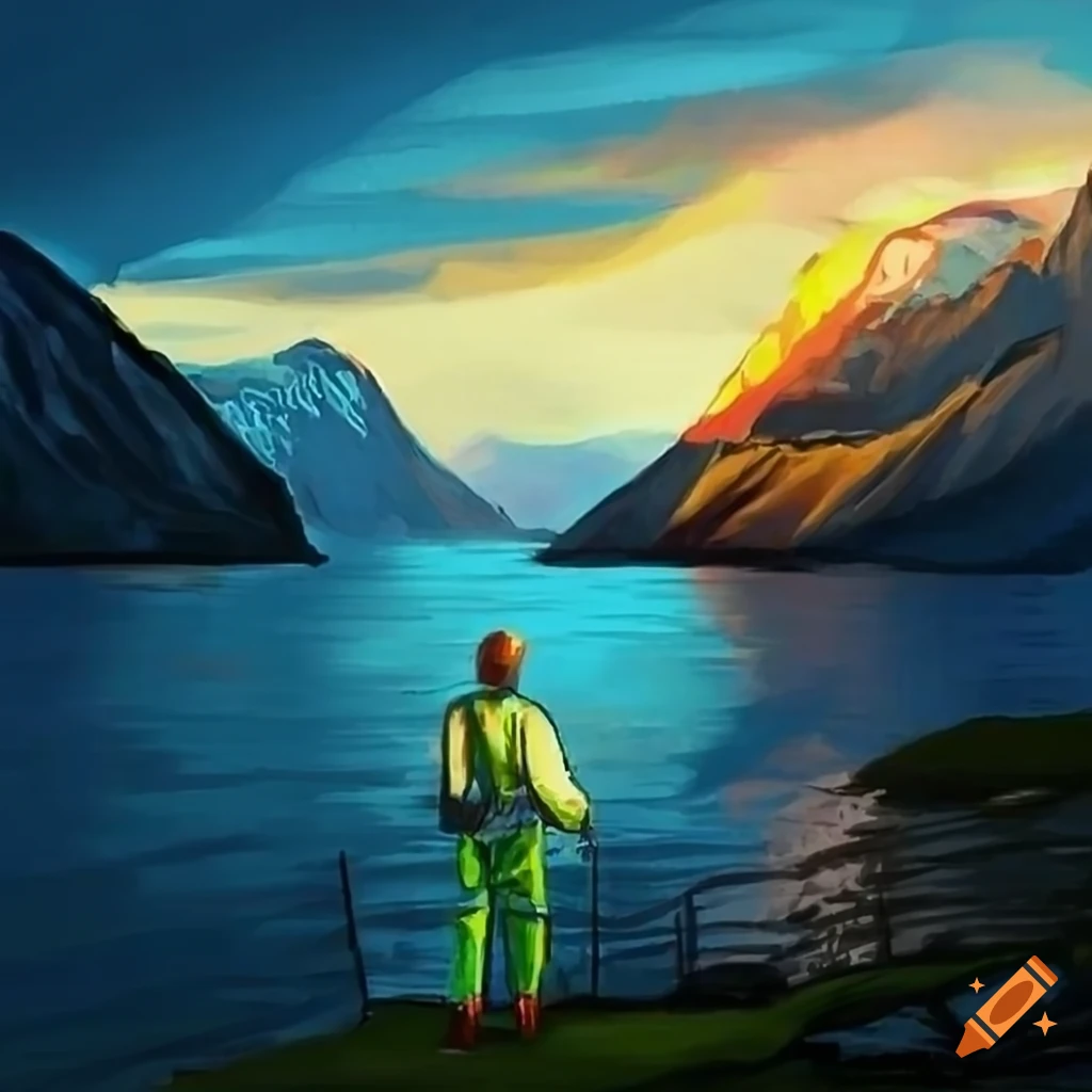 drawing of an engineer at a fjord during sunset