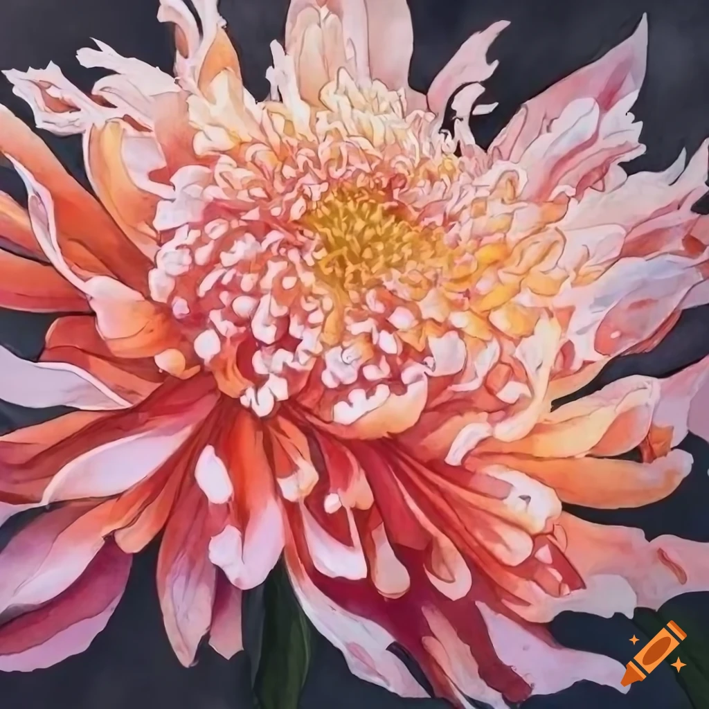 intricate watercolor of a chrysanthemum on white backdrop