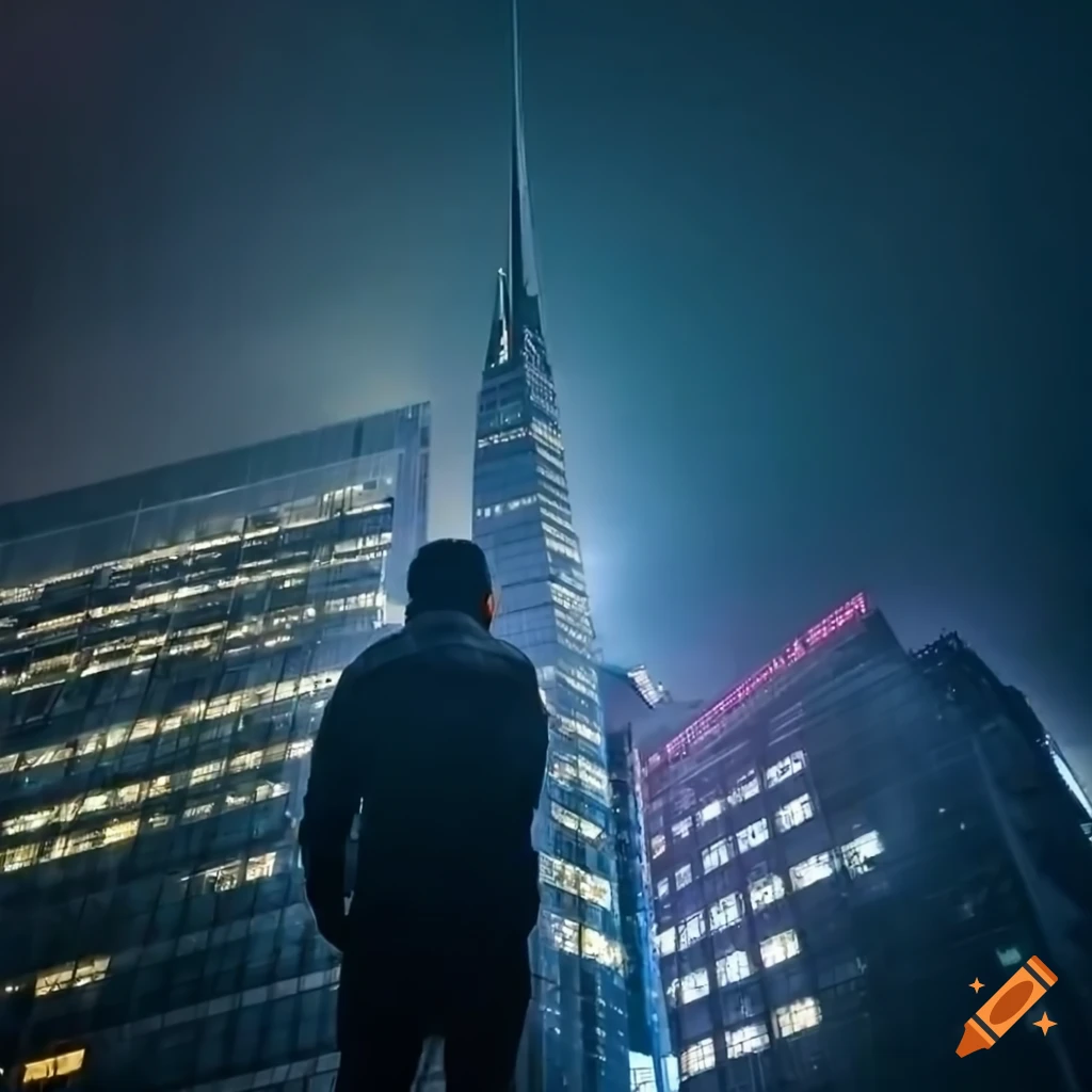 Night cityscape with illuminated skyscraper and a man in the rain on ...