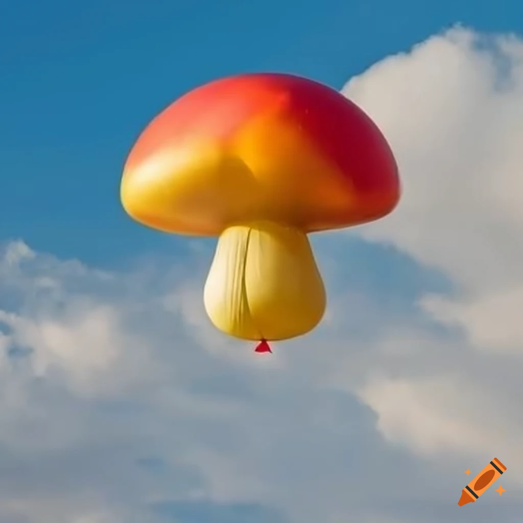 colourful mushroom shaped balloon floating in the clouds