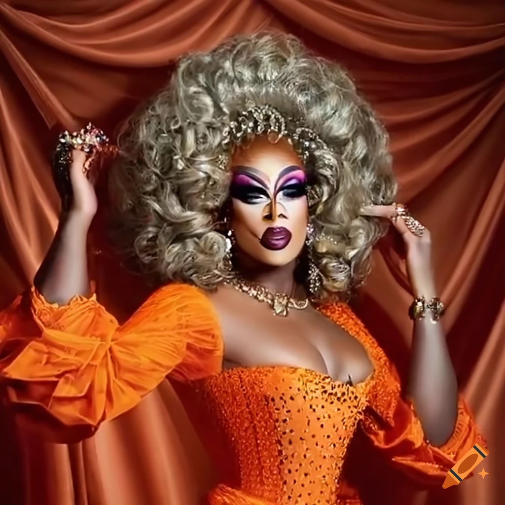 photorealistic image of a beautiful African American drag queen in an opulent orange corset
