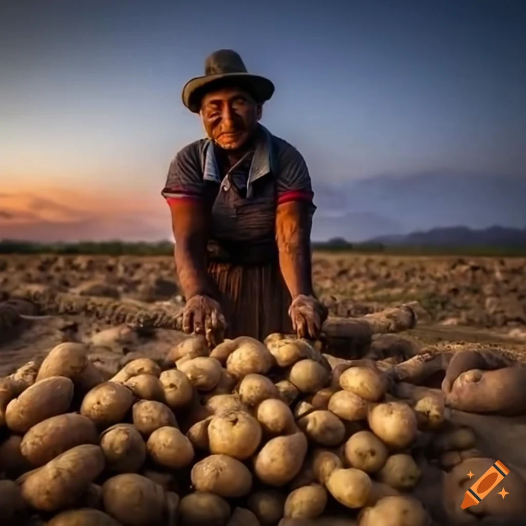 Peruvian farmer harvesting potatoes at dusk