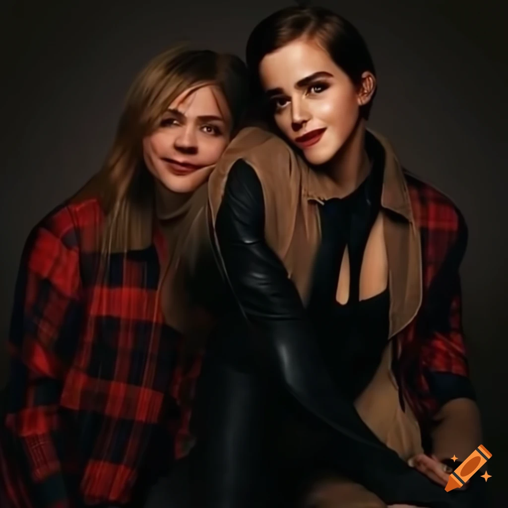 photo of two women hugging in plaid shirts and leather trousers