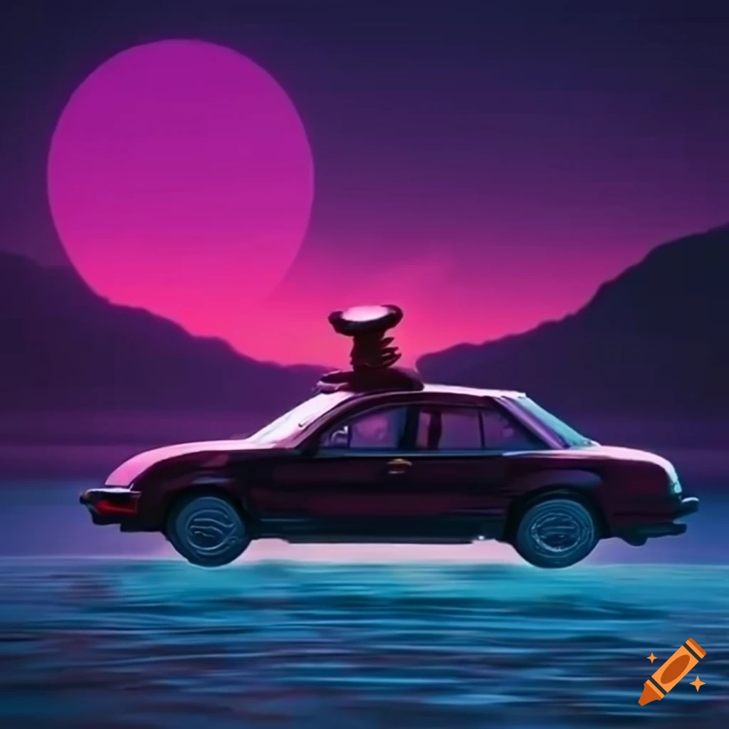 vaporwave setting with a Samurai shiba inu on top of a car