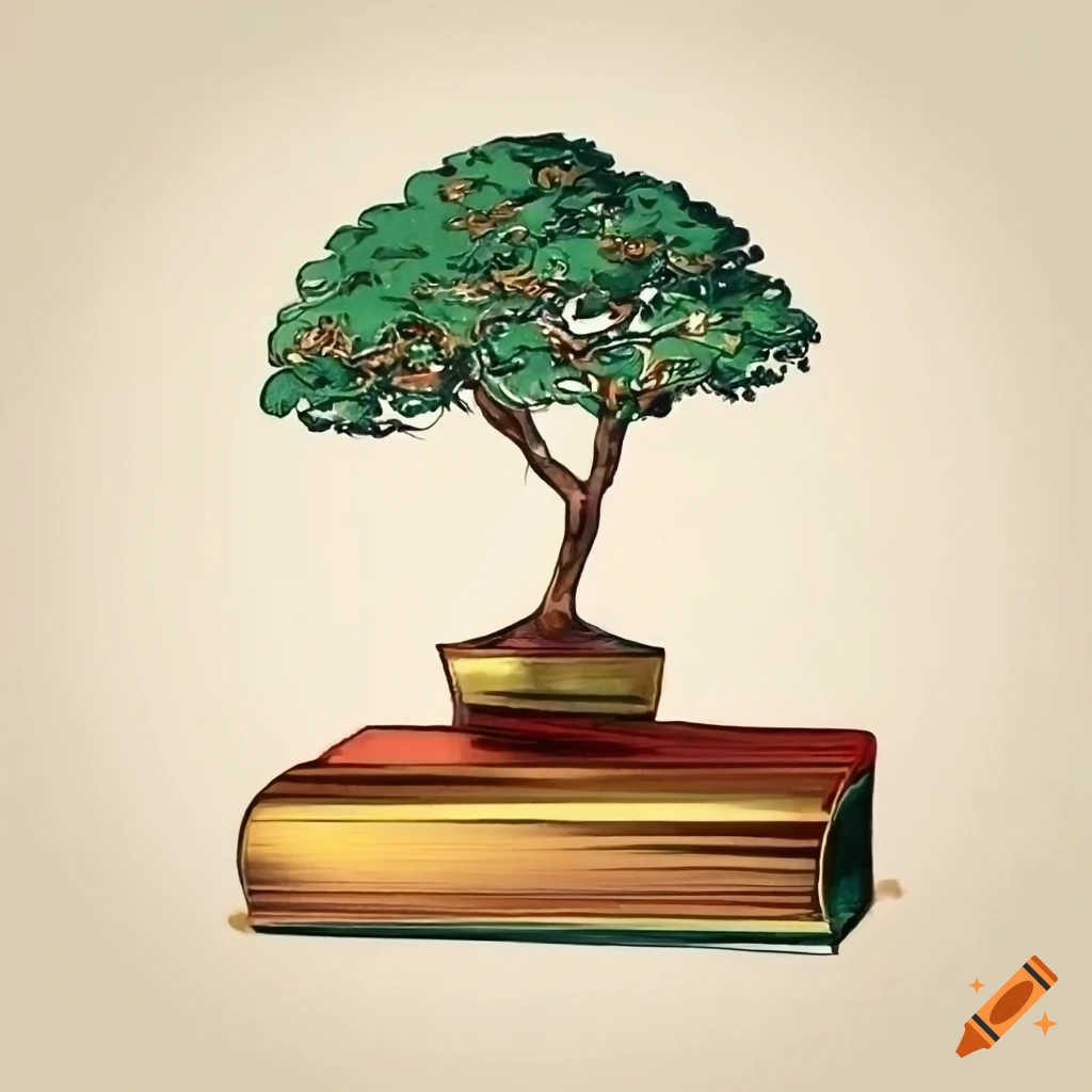 golden book with a bonsai tree growing out of it